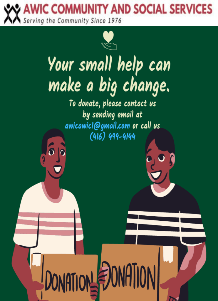 Two smiling individuals holding donation signs against a green background, promoting the importance of community support for AWIC Community and Social Services.